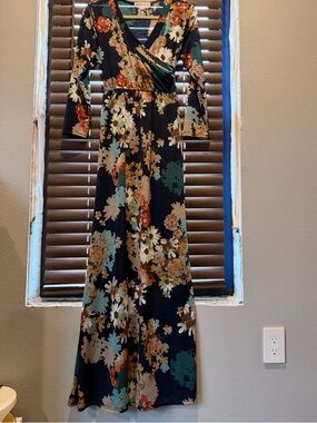 Floral Navy Maxi Wrap Dress with Teal & Rust Accents